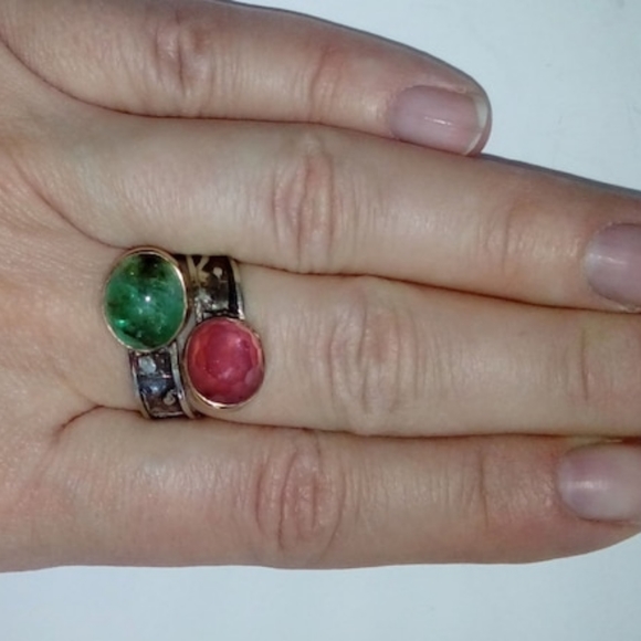 Natural Ruby Emerald In 14K Yellow Gold And Sterling Silver Bypass Ring 8.25 - Picture 4 of 10